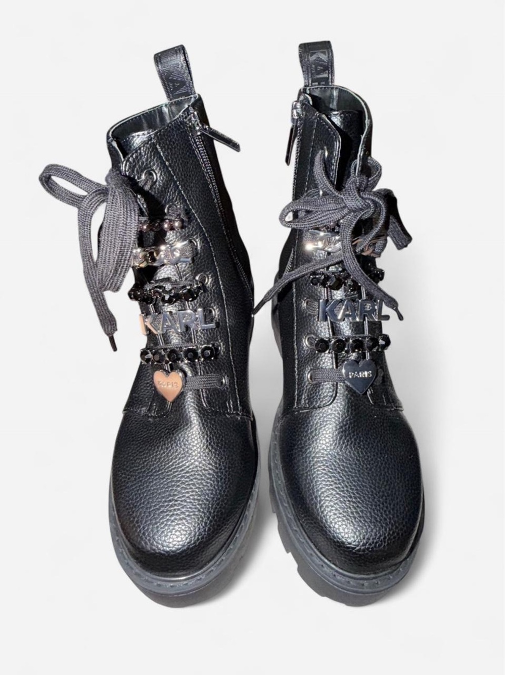 NWOT Karl Lagerfeld Black Pebbled Leather Lace-Up Combat Boots with Logo Charms
